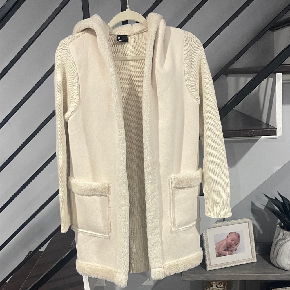Love Token XS Ivory Cream Hooded Faux‎ Fur Sweater Cardigan Coat Suede Knitted